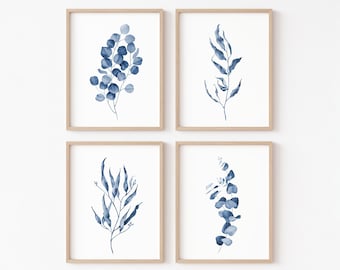 Juego de 4 impresiones de eucalipto azul. Arte mural botánico en acuarela. Póster de plantas nativas australianas. Impresiones digitales de follaje azul marino. Hojas para imprimir