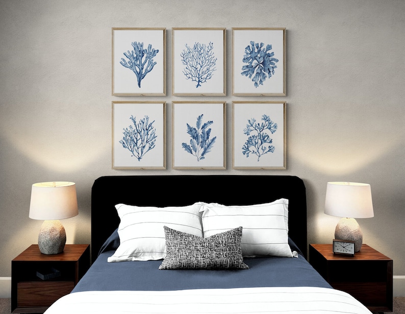 Blue Seaweeds Corals Prints Set of 6. Navy Coastal Printable - Etsy