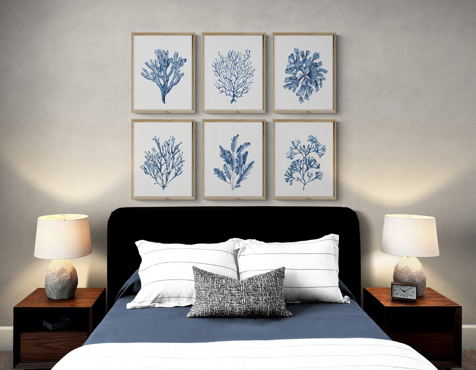 Blue Seaweeds Corals Prints Set of 6. Navy Coastal Printable Wall Art ...