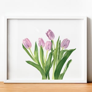 Tulips watercolor art print. Pink floral printable wall art. Spring flowers wall decor. Girl room decor. Garden flowers printable art