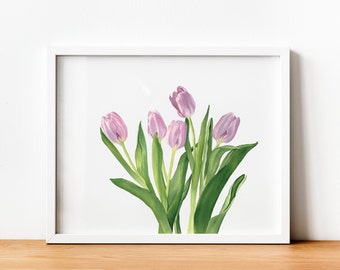 Tulips watercolor print. Instant download pink floral wall art. Spring flowers wall decor. Girl room decor. Garden flowers printable art.
