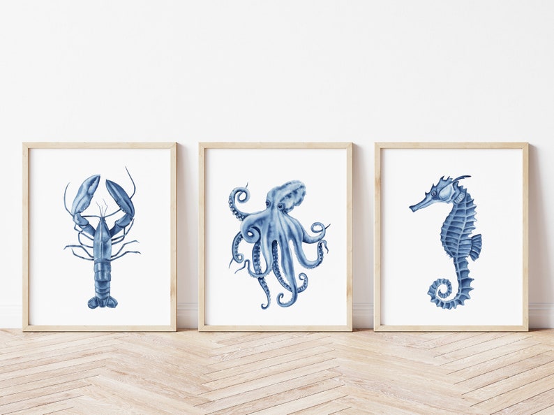 Blue Nautical Wall Art Prints Set of 3. Watercolor Lobster Etsy