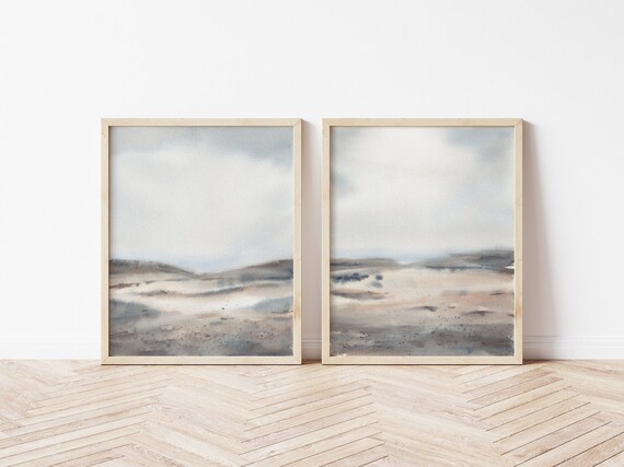 Neutral sepia abstract landscape prints set of 2. Minimalist landscape painting. Modern misty landscape art. Brown aesthetic printable art.