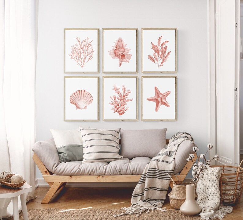 Coral seashells prints set of 6. Coastal printable wall art. Beach house art prints. Watercolor sea life posters. Pink seaweeds nautical art image 3