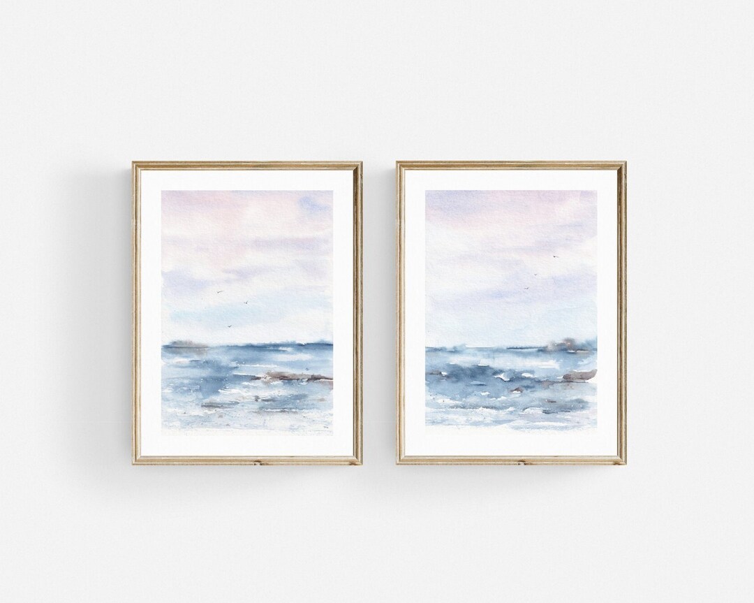 Abstract Seascape Painting. Set of 2 Pink and Blue Art Prints. Coastal ...