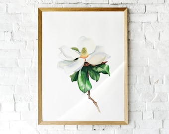 White magnolia wall art print. Instant download magnolia. Botanical print. Floral wall decor. Printable watercolor magnolia painting.