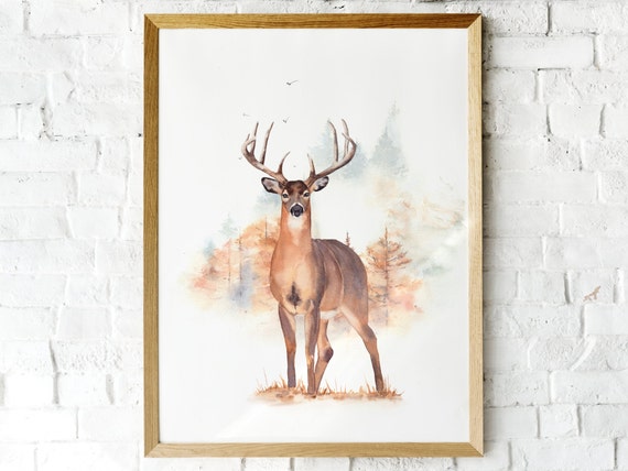Watercolor fall deer print. Stag poster. Wildlife printable wall art. Autumn deer art print. Woodland illustration. Fall wall decor.