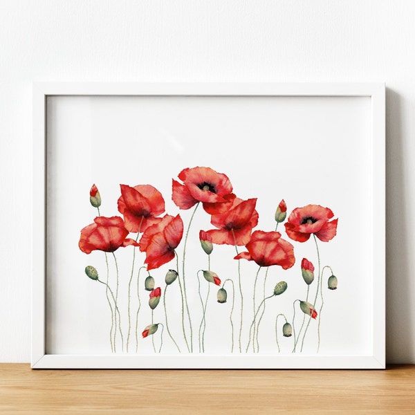 Red poppies print. Watercolor meadow poppies. Wildflowers poster. Floral printable wall art. Poppy flowers art. Farmhouse wall decor.