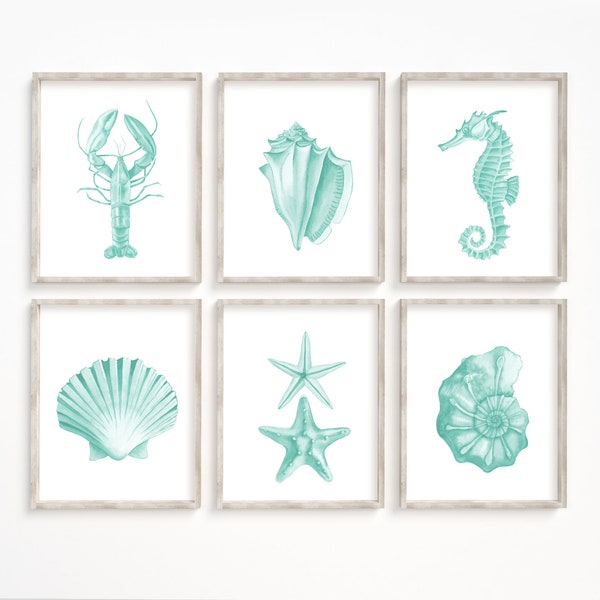 Aqua green sea life prints set of 6. Watercolor coastal printable wall art. Seashells painting. Nautical beach house art. Teal bathroom art