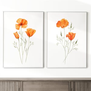 Kalifornischer Mohn Wandkunst. Set aus 2 Digitaldrucken. Aquarell Wildblumen druckbare Kunst. Kalifornische Blume. Orange Blumenwandkunst