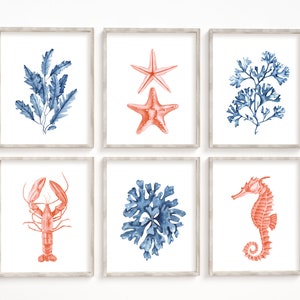 Blue coral sea life prints set of 6. Watercolor coastal printable wall art. Seaweeds, lobster, seahorse, starfish. Nautical beach wall art.