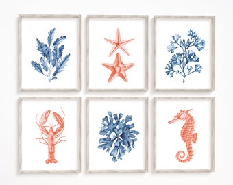 Blue coral sea life prints set of 6. Watercolor coastal printable wall art. Seaweeds, lobster, seahorse, starfish. Nautical beach wall art.