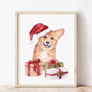 Afdrukbare muurkunst met kersthond. Aquarel corgiprint. Digitale print kerstmanhond. Fijne feestdagen. Corgi-vakantiekunst. Puppykerst.