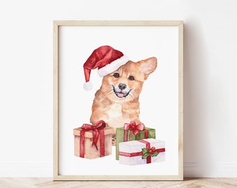 Christmas dog printable wall art. Watercolor corgi print. Santa dog digital print. Happy howlidays. Corgi holiday art. Puppy Christmas.