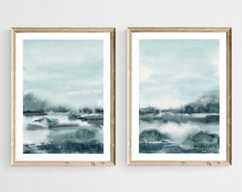 Green abstract landscape print set of 2. Watercolor abstract painting. Modern minimalist poster. Landscape printable wall art. Abstract art