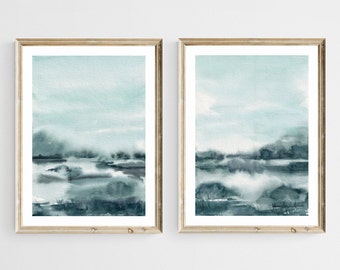 Ensemble de 2 impressions de paysage abstrait vert. Peinture abstraite à l'aquarelle. Affiche minimaliste moderne. Art mural paysage imprimable. Art abstrait