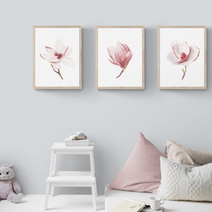Pink magnolia wall art printable set of 3. Floral digital prints. Baby girl nursery wall art. Blooming flowers. Minimalist modern kids room image 4
