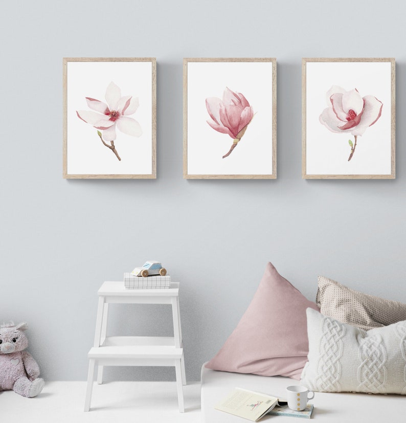 Pink magnolia wall art printable set of 3. Floral digital prints. Baby girl nursery wall art. Blooming flowers. Minimalist modern kids room image 4
