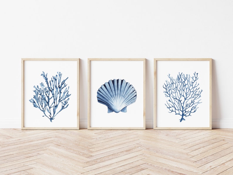 Blue shell prints set of 6. Navy algae, starfish printable wall art. Watercolor coastal prints. Nautical wall art. Beach cottage art prints image 8
