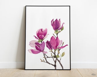 Watercolor magnolia printable wall art. Digital download floral art. Botanical print. Spring flowers wall decor.  Magnolias art print.