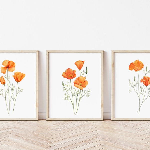 Set of 3 watercolor California poppies prints. Yellow wildflowers printable wall art. Farmhouse wall decor. Orange floral posters. Poppy art