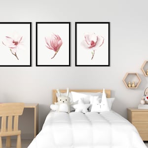 Pink magnolia wall art printable set of 3. Floral digital prints. Baby girl nursery wall art. Blooming flowers. Minimalist modern kids room image 8