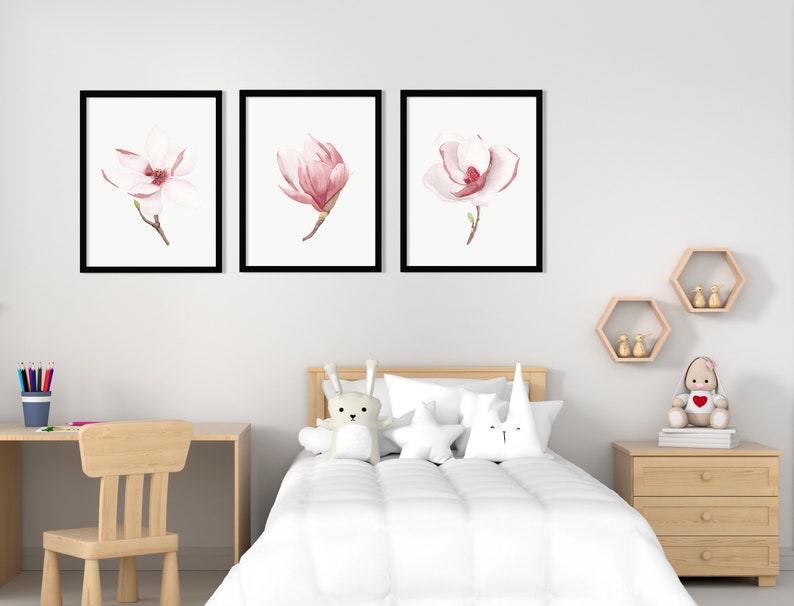 Pink magnolia wall art printable set of 3. Floral digital prints. Baby girl nursery wall art. Blooming flowers. Minimalist modern kids room image 8
