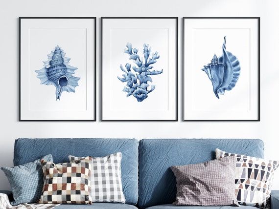 Blue seashells prints set of 3. Coastal printable wall art. Watercolor coral shell wall decor. Beach house wall art. Hamptons style poster