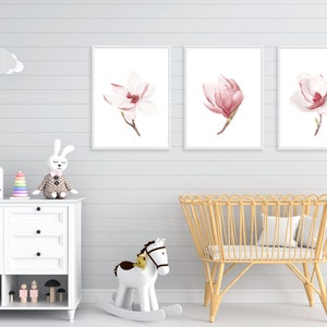 Pink magnolia wall art printable set of 3. Floral digital prints. Baby girl nursery wall art. Blooming flowers. Minimalist modern kids room image 5