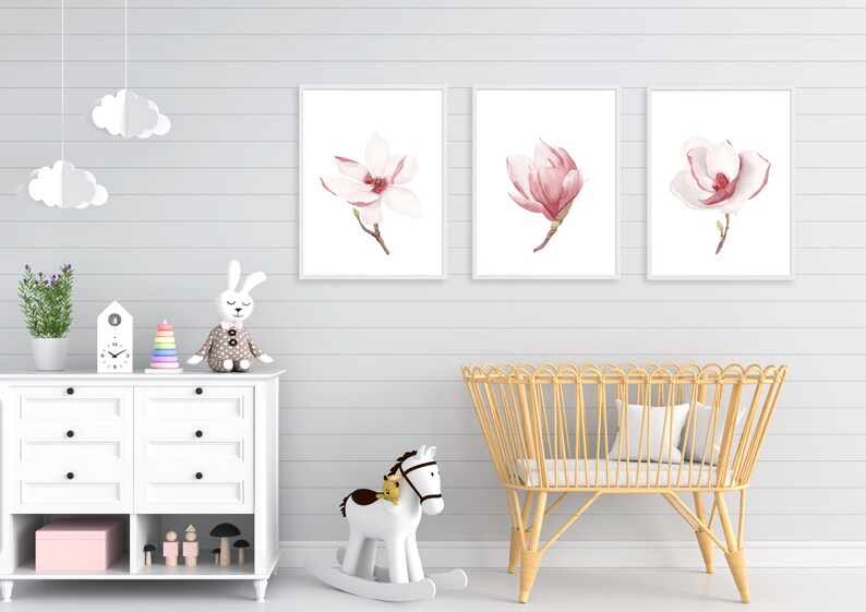 Pink magnolia wall art printable set of 3. Floral digital prints. Baby girl nursery wall art. Blooming flowers. Minimalist modern kids room image 5