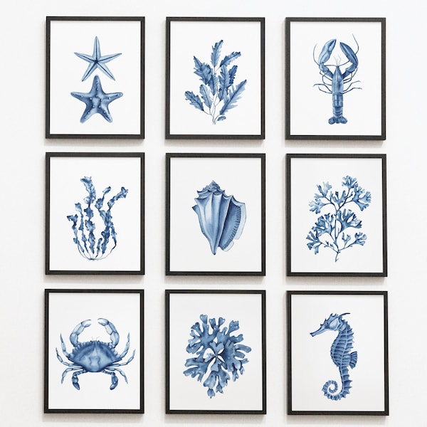 Set of 9 navy blue coral, seaweed digital prints. Watercolor seashell, seahorse, lobster, crab. Coastal wall art. Beach house nautical decor