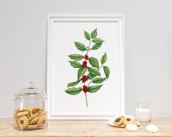 Impresión de acuarela de planta de café, arte rústico de cocina (descarga digital)