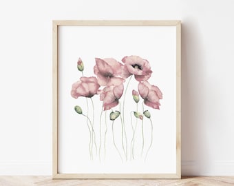 Blush pink watercolor poppies print. Pastel flowers art. Dusty pink wildflowers poster. Floral printable wall art. Neutral modern wall decor