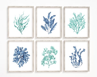 May include: Set of six framed watercolor prints featuring blue and green seaweed illustrations. The prints are in white frames with a light wood finish.