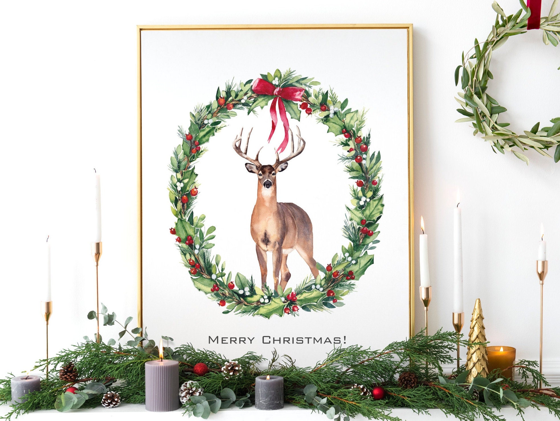 Christmas Deer Print. Watercolor Christmas Wreath. Printable Holly ...