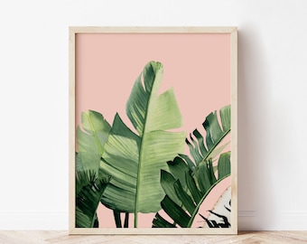 Watercolor Banana Leaves with pink background print. Tropical botanical Wall Art (Digital Download)