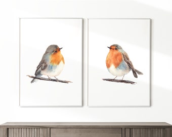 Robin little birds prints set of 2. Watercolor cute birds painting. Birds printable wall art. Redbreast birds prints. Winter birds art.