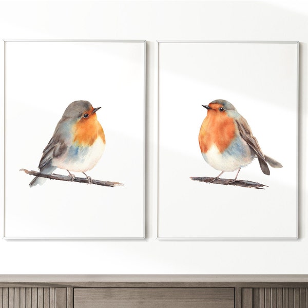 Robin little birds prints set of 2. Watercolor cute birds painting. Birds printable wall art. Redbreast birds prints. Winter birds art.