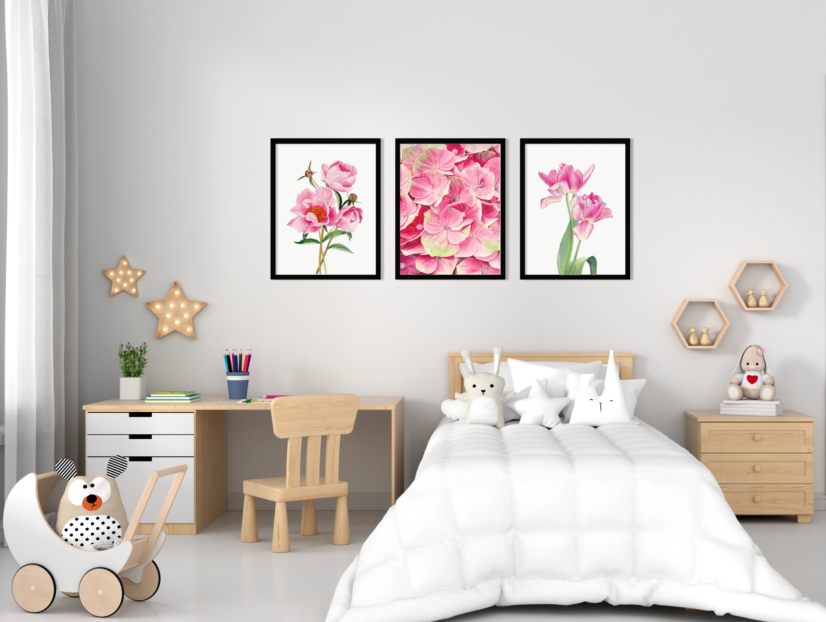 Watercolor Floral Prints Set of 3. Peony, Hydrangea, Tulips Wall Art ...