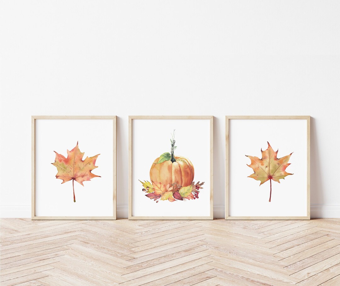 Fall Leaves Prints Set of 3. Pumpkin Watercolor Wall Art. Yellow Orange ...