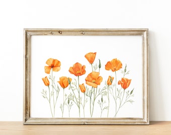 Yellow California poppies print. Watercolor wildflowers art poster. California State flower printable. Floral farmhouse wall art.