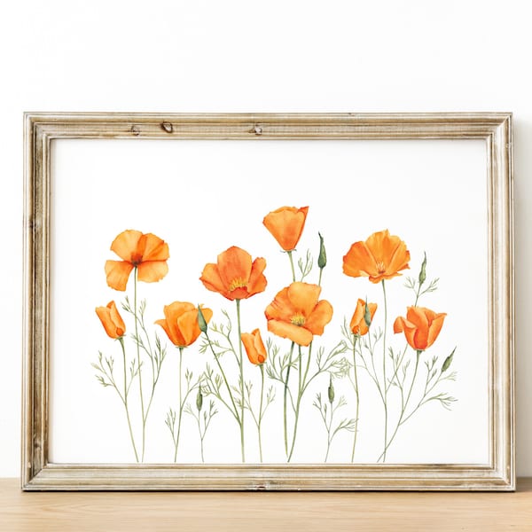 Yellow California poppies print. Watercolor wildflowers printable art. California State flower. Orange floral wall decor. Farmhouse wall art