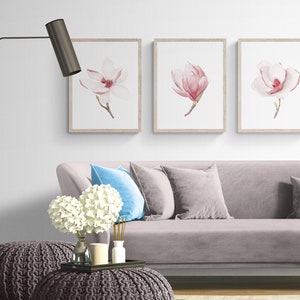 Pink magnolia wall art printable set of 3. Floral digital prints. Baby girl nursery wall art. Blooming flowers. Minimalist modern kids room image 2