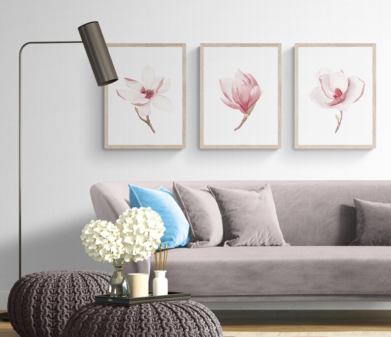 Pink magnolia wall art printable set of 3. Floral digital prints. Baby girl nursery wall art. Blooming flowers. Minimalist modern kids room image 2