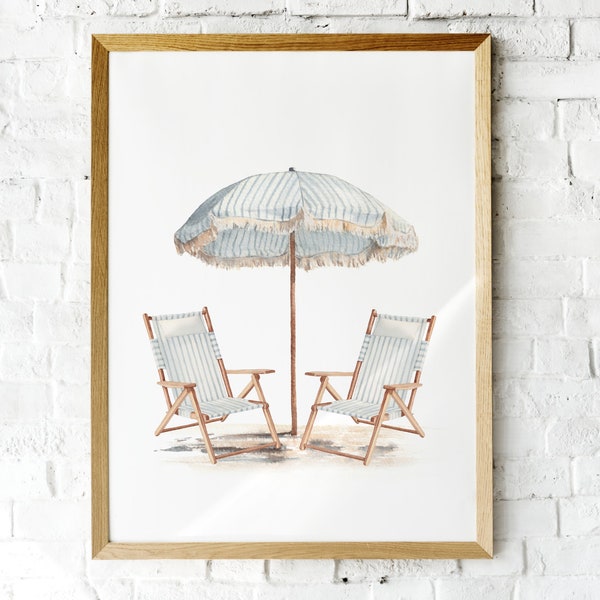 Aquarell Strand Wand Kunstdruck. Strandkorb und Sonnenschirm zum ausdrucken. Blaue Strandkunst im Retro-Stil. Küsten Druck. Strand Vibe Poster