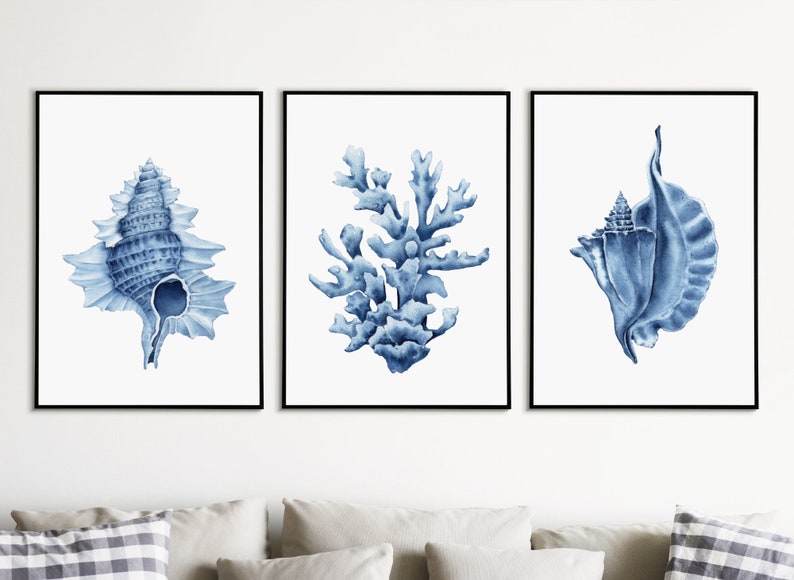 May include: Set of three blue and white watercolor prints featuring a seashell, coral, and a seashell. The prints are framed in black frames and are hung on a white wall.