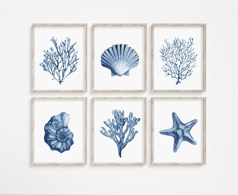 Blue shell prints set of 6. Navy algae, starfish printable wall art. Watercolor coastal prints. Nautical wall art. Beach cottage art prints image 1