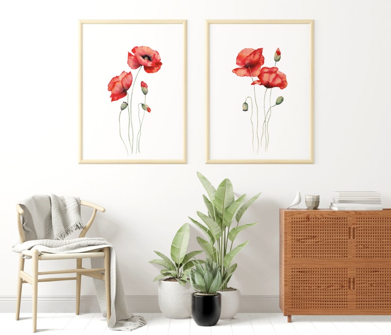 Red Poppies Watercolor Prints Set. Wildflowers Printable Wall Art. Set ...