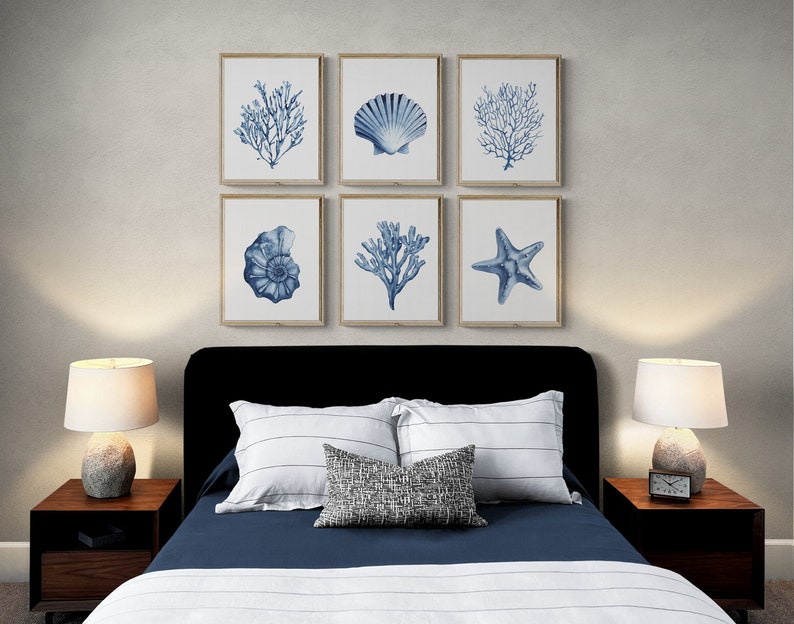 Blue shell prints set of 6. Navy algae, starfish printable wall art. Watercolor coastal prints. Nautical wall art. Beach cottage art prints image 5