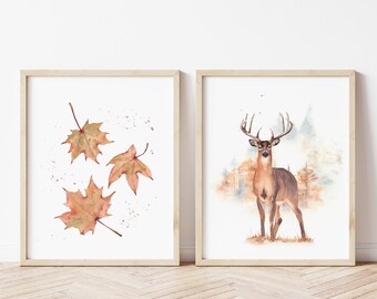 Deer and fall leaves prints set of 2. Fall printable wall art. Rustic Farmhouse decor.